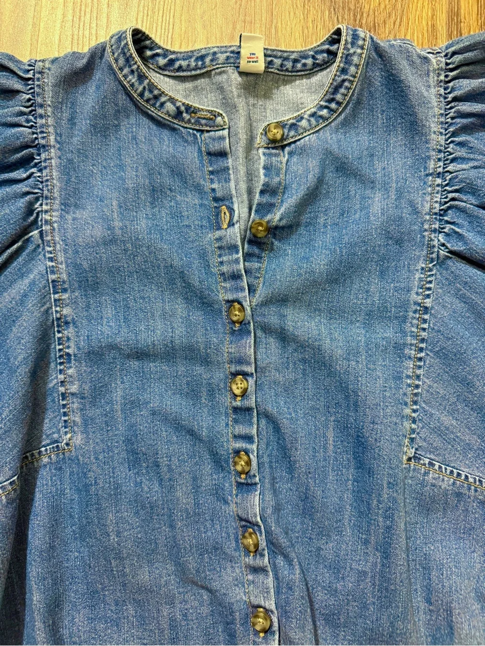 Old Navy Chambray Denim Puff Sleeve Button Front Top XS